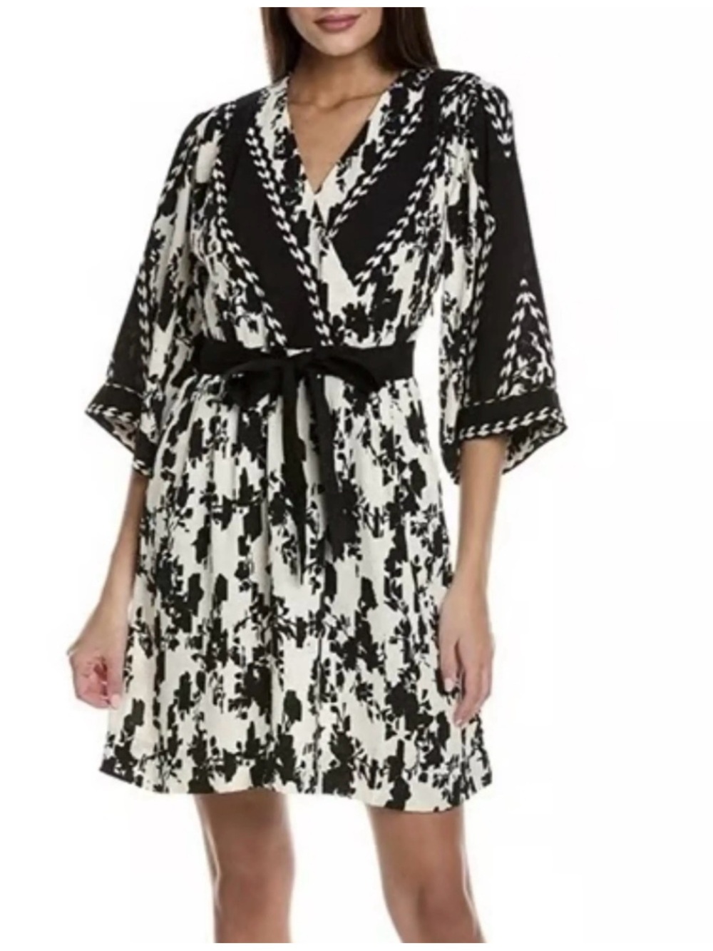 Cabi #6369 Black & White Abstract Floral V-Neck Dress Size M